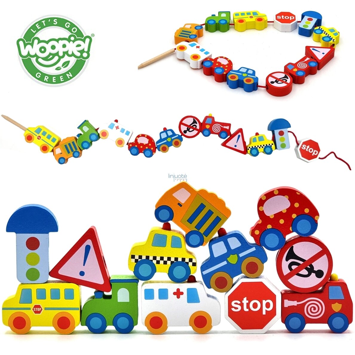 WOOPIE GREEN Mediniai Siūlų Vėrimo Rinkinys Transporto Priemonės Automobiliai 13 vnt.