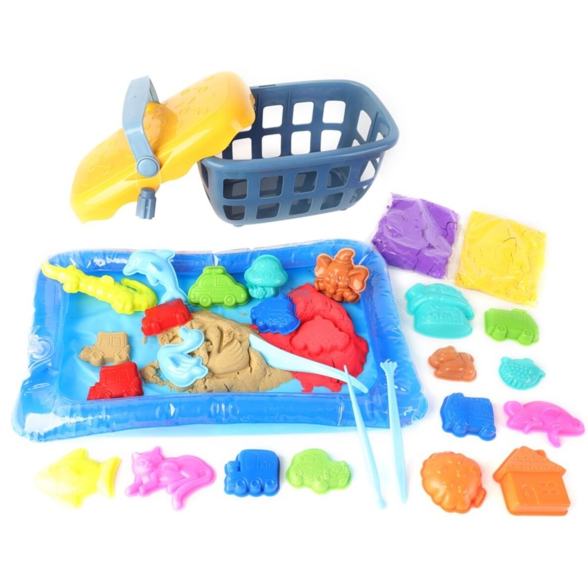 WOOPIE KINETINIS SMĖLIS 0,8 KG RINKINYS KREPŠELYJE SU FORMELĖMIS + BASEINAS, 54764 5