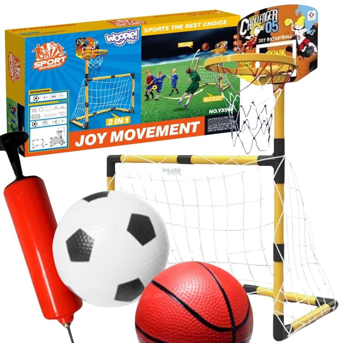 RINKINYS 2IN1, KREPŠINIO, FUTBOLO VARTAI + KAMUOLIAI IR POMPA, 51107 RINKINYS 2IN1, KREPŠINIO, FUTBOLO VARTAI + KAMUOLIAI IR POMPA, 51107