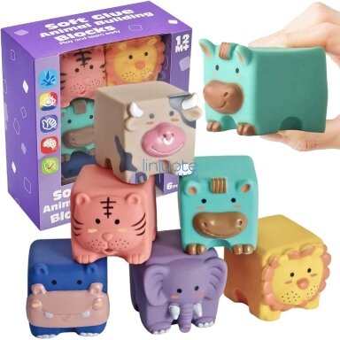 WOOPIE BABY Jutikliniai Blokai Gyvūnų Dėlionė Squeeze + Garso 6 vnt.