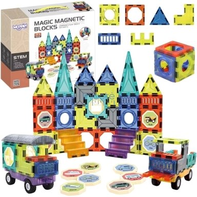 WOOPIE MAGNETINIAI 3D KONSTRUKTORIAI RINKINYS PILIS TRANSPORTO PRIEMONĖS 71EL., 54870 WOOPIE MAGNETINIAI 3D KONSTRUKTORIAI RINKINYS PILIS TRANSPORTO PRIEMONĖS 71EL., 54870