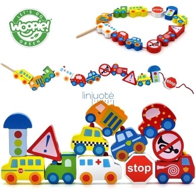 WOOPIE GREEN Mediniai Siūlų Vėrimo Rinkinys Transporto Priemonės Automobiliai 13 vnt.