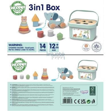 WOOPIE GREEN Dėžutė Rūšiuoklė Box 3v1 Kaladėlės Piramidė Dramblys FSC, 49669 12 WOOPIE GREEN Dėžutė Rūšiuoklė Box 3v1 Kaladėlės Piramidė Dramblys FSC, 49669 12